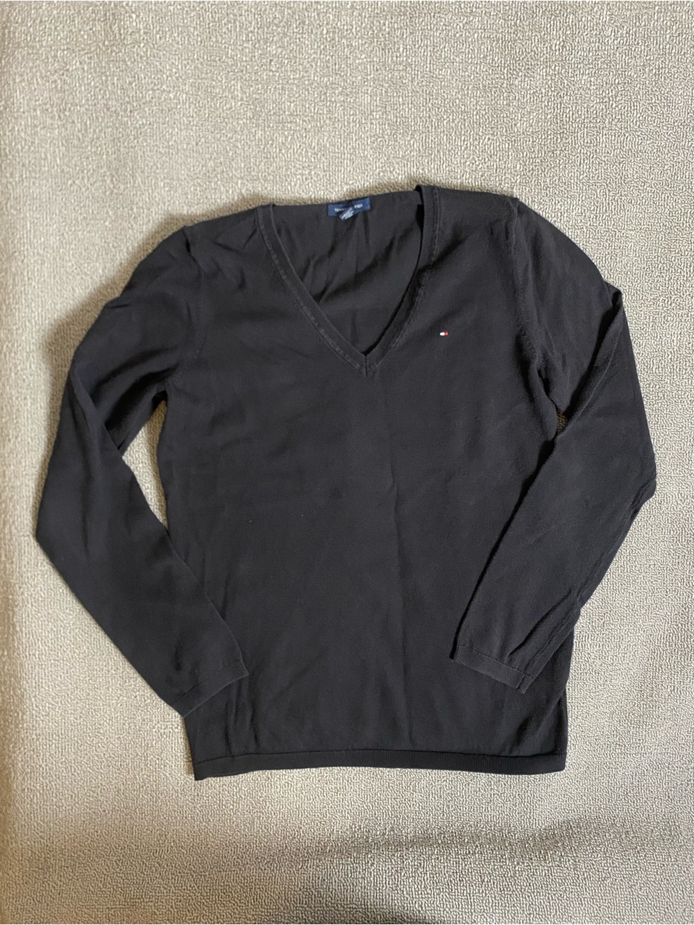 Tommy Hilfiger Black V-Neck Pullover with Flag Logo- Preppy Chic